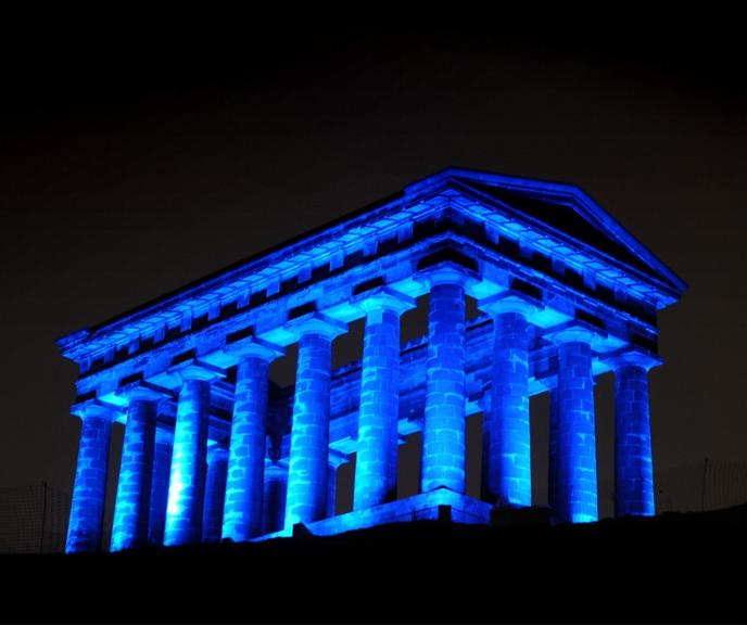 Penshaw Monument lit up blue