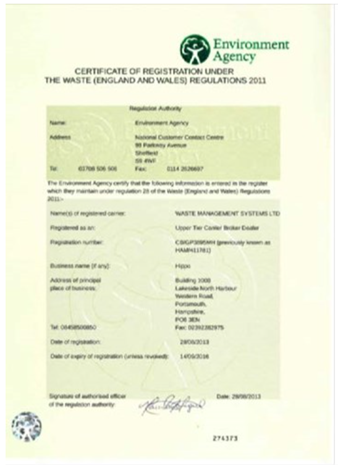 Waste carrier certificate