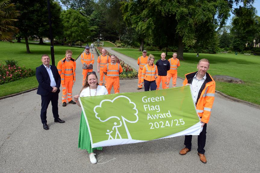 Green Flag awards 2024 - Cllr Lyndsey Leonard, Cabinet Member for Environment, Transport and Net Zero at Sunderland City Council, Stuart Merrie from Environmental Services and Marc Morley, Director of Environmental Services at Mowbray Park - one of five S